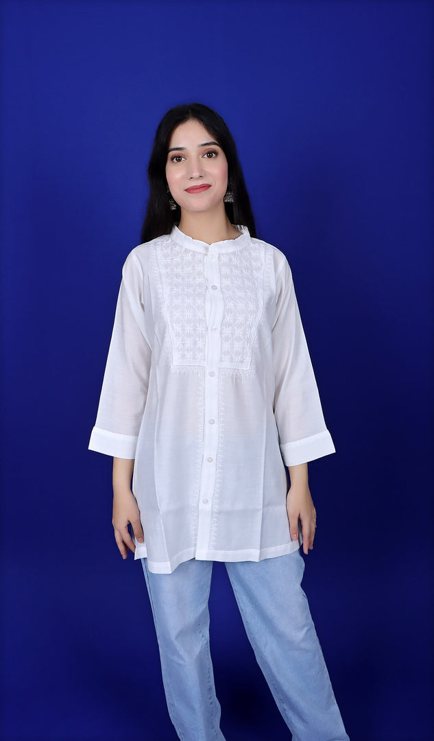 Women's Lakhnavi Handcrafted Chanderi Silk Chikankari Top - HONC0181555