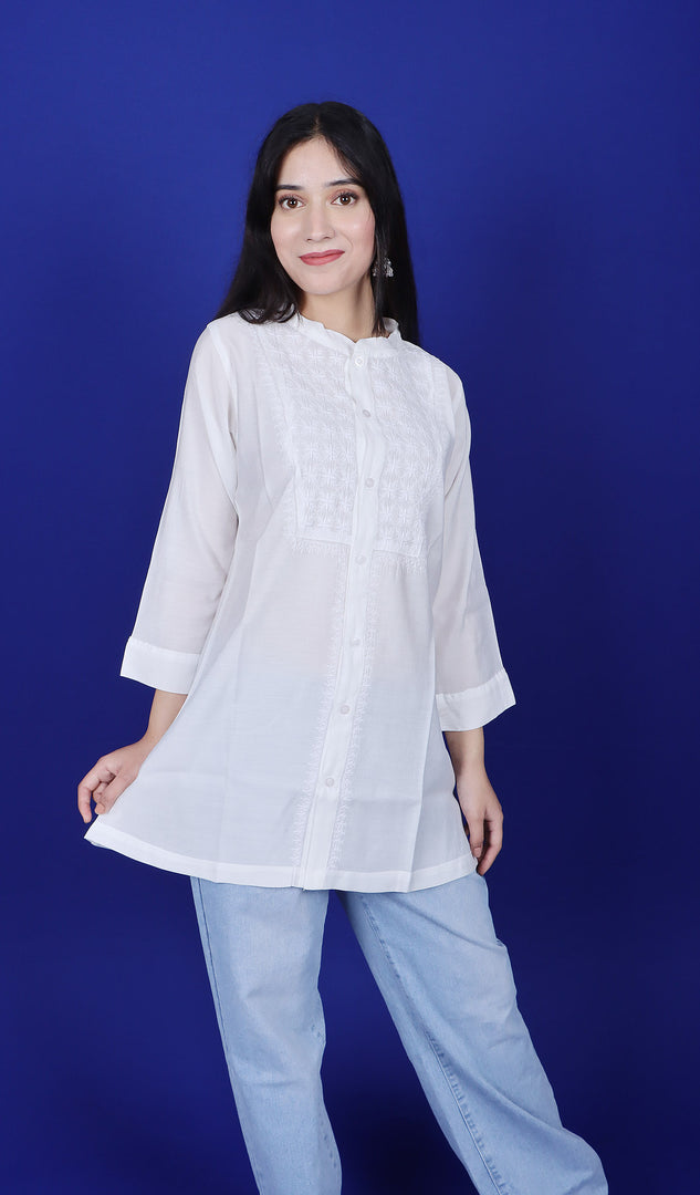 Women's Lakhnavi Handcrafted Chanderi Silk Chikankari Top - HONC0181555