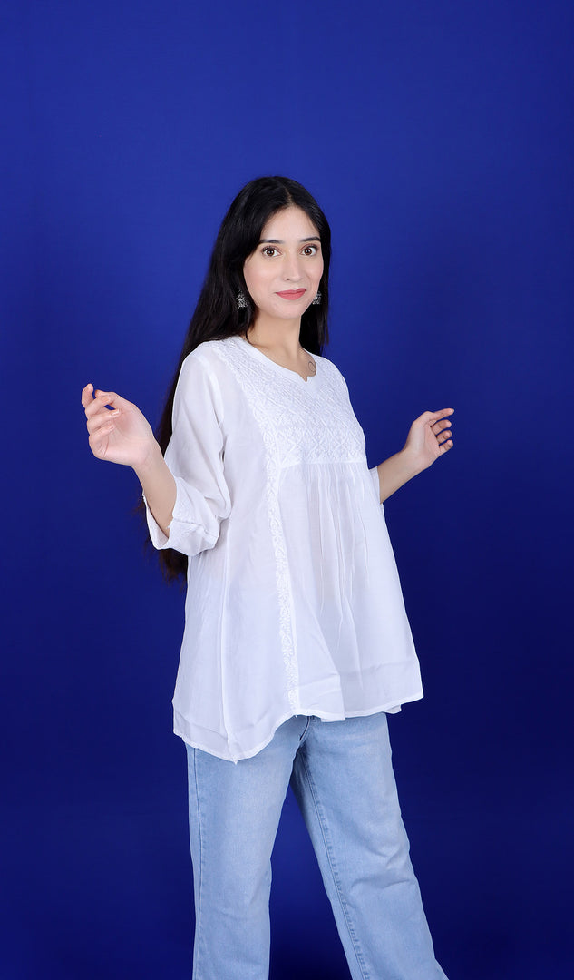 Women's Lakhnavi Handcrafted Muslin Chikankari Top - HONC0179910
