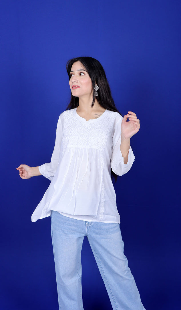 Women's Lakhnavi Handcrafted Muslin Chikankari Top - HONC0179910