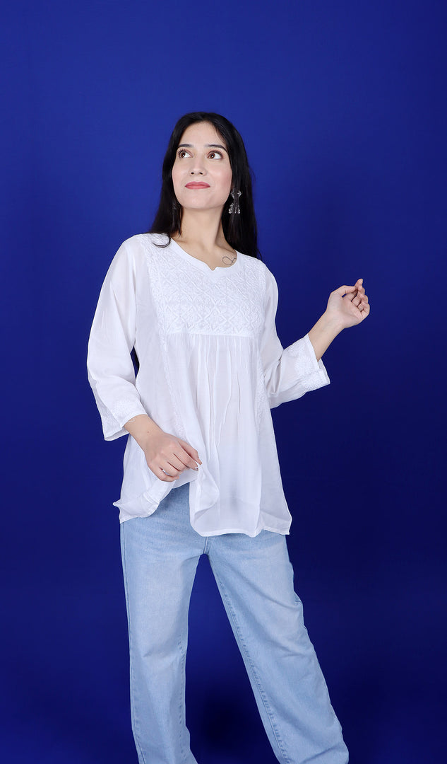 Women's Lakhnavi Handcrafted Muslin Chikankari Top - HONC0179910