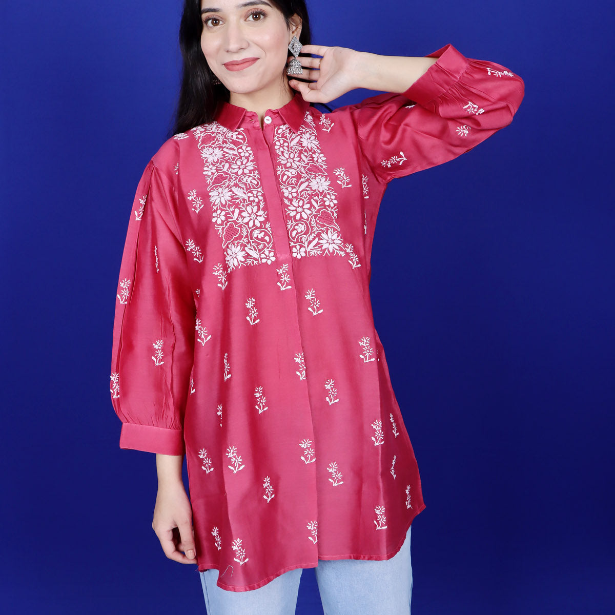 Women's Lakhnavi Handcrafted Tissue Chanderi Chikankari Top - HONC0348541