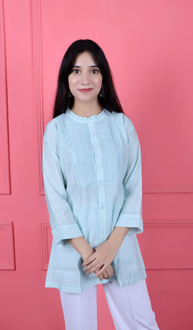 Women's Lakhnavi Handcrafted Chanderi Silk Chikankari Top - HONC0181531