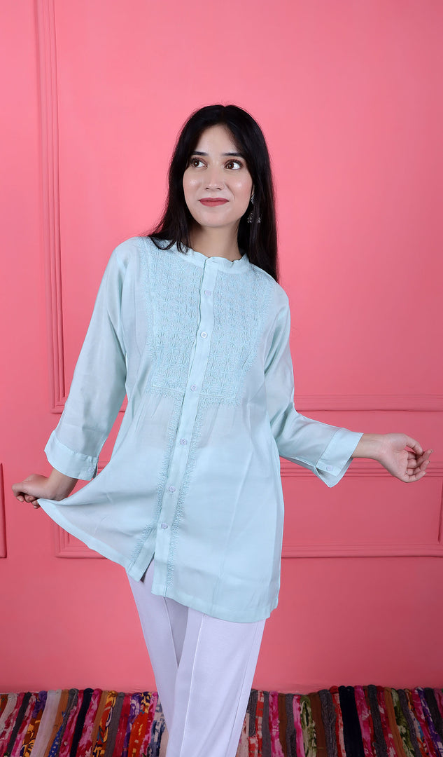 Women's Lakhnavi Handcrafted Chanderi Silk Chikankari Top - HONC0181531