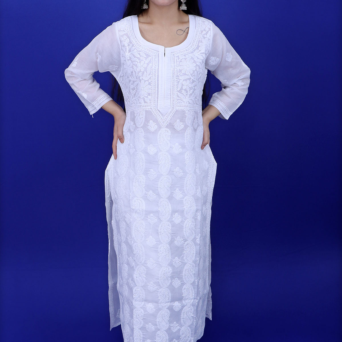 Women's Lucknowi Handcrafted Kota Cotton Chikankari Unstitched Kurta And Dupatta Set - HONC0306633