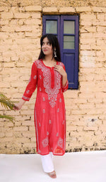 Load image into Gallery viewer, Adeeva Women's Lakhnavi Handcrafted Faux-Georgette Chikankari Kurti - HONC0190718
