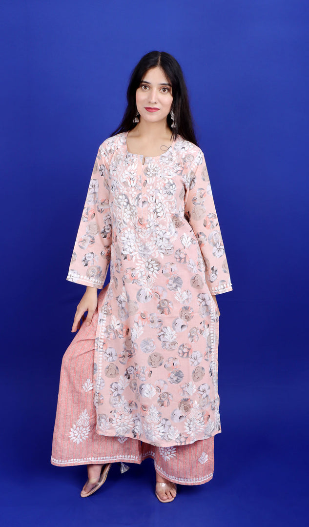 Women's Lakhnavi Handcrafted Cotton Chikankari Kurta And Palazzo Set - HONC0191175