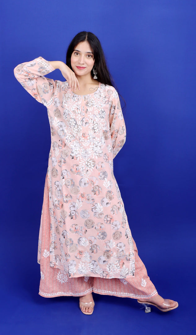 Women's Lakhnavi Handcrafted Cotton Chikankari Kurta And Palazzo Set - HONC0191175