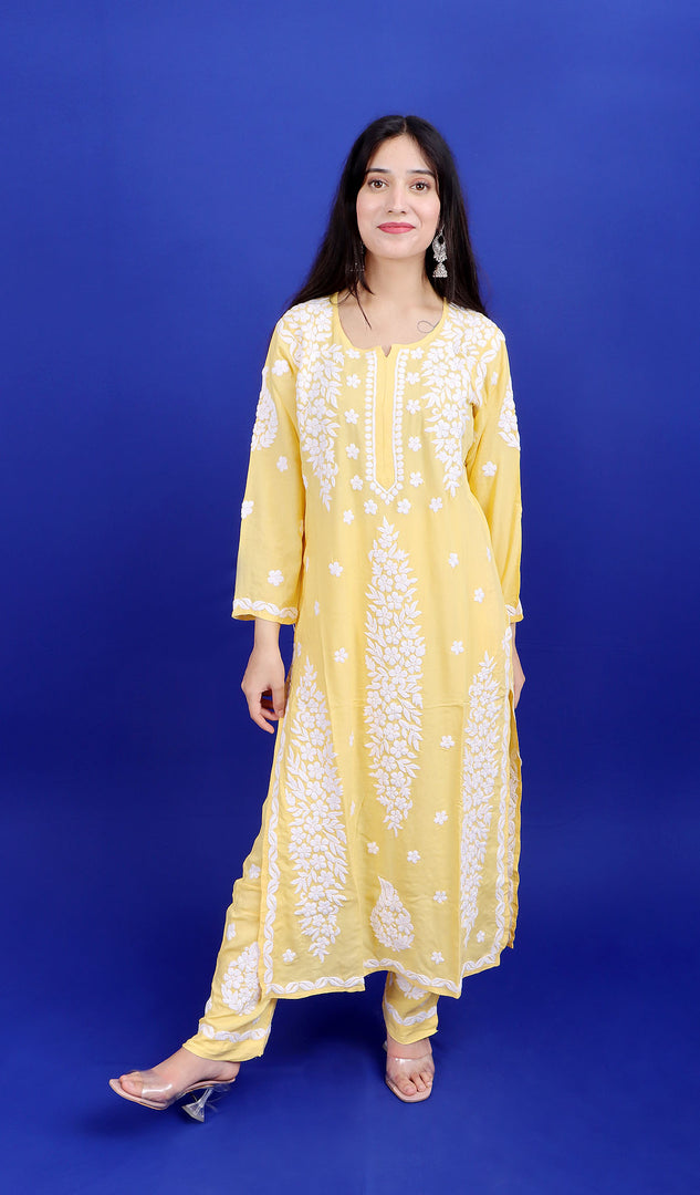 Safina Women's Lakhnavi Handcrafted Modal Cotton Chikankari Kurta And Palazzo Set - HONC0170474