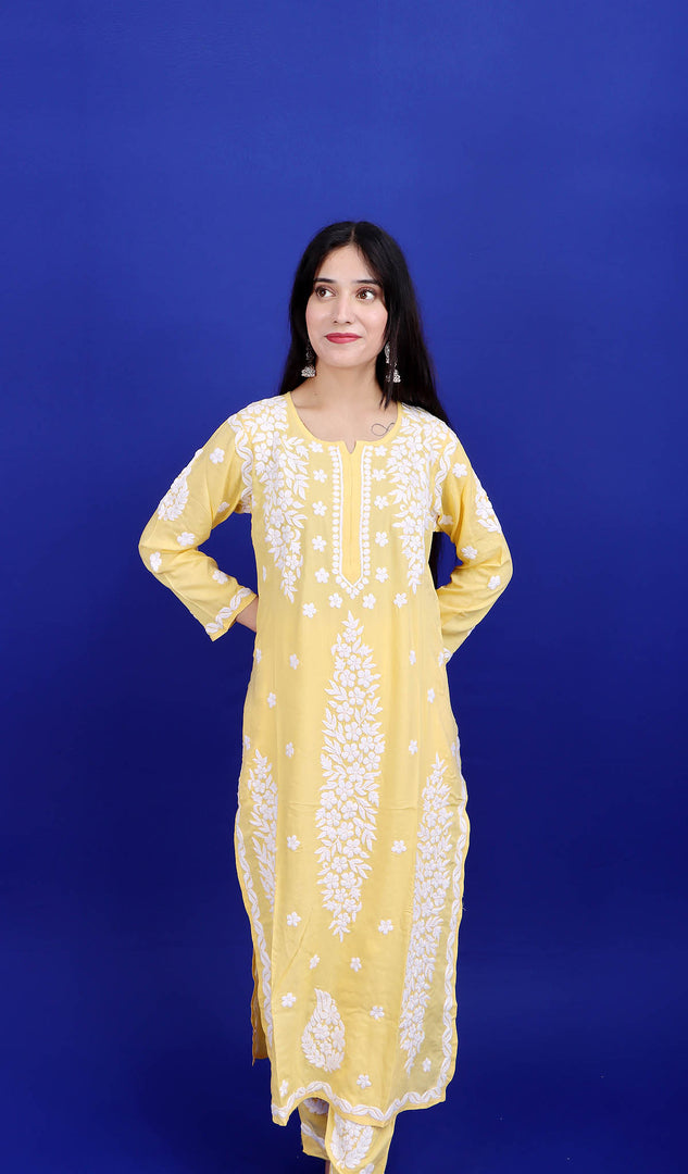 Safina Women's Lakhnavi Handcrafted Modal Cotton Chikankari Kurta And Palazzo Set - HONC0170474