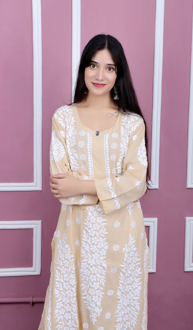 Safina Women's Lakhnavi Handcrafted Modal Cotton Chikankari Kurta And Palazzo Set - HONC0124073