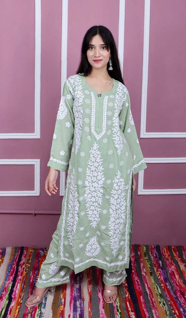Safina Women's Lakhnavi Handcrafted Modal Cotton Chikankari Kurta And Palazzo Set - HONC0170496