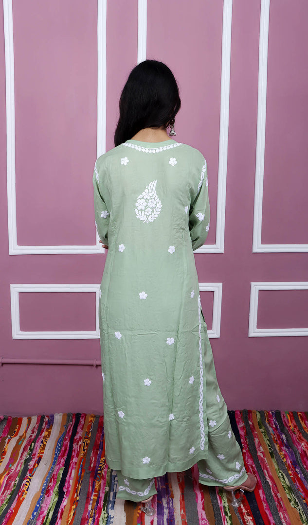 Safina Women's Lakhnavi Handcrafted Modal Cotton Chikankari Kurta And Palazzo Set - HONC0170496