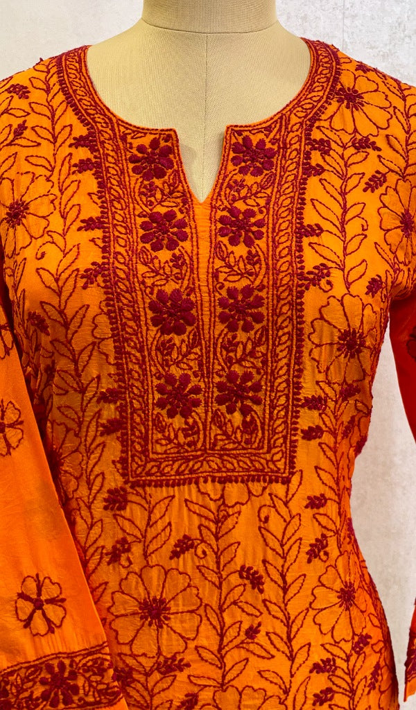 Women's Lakhnavi Handcrafted Silk Chikankari Top - NC10456