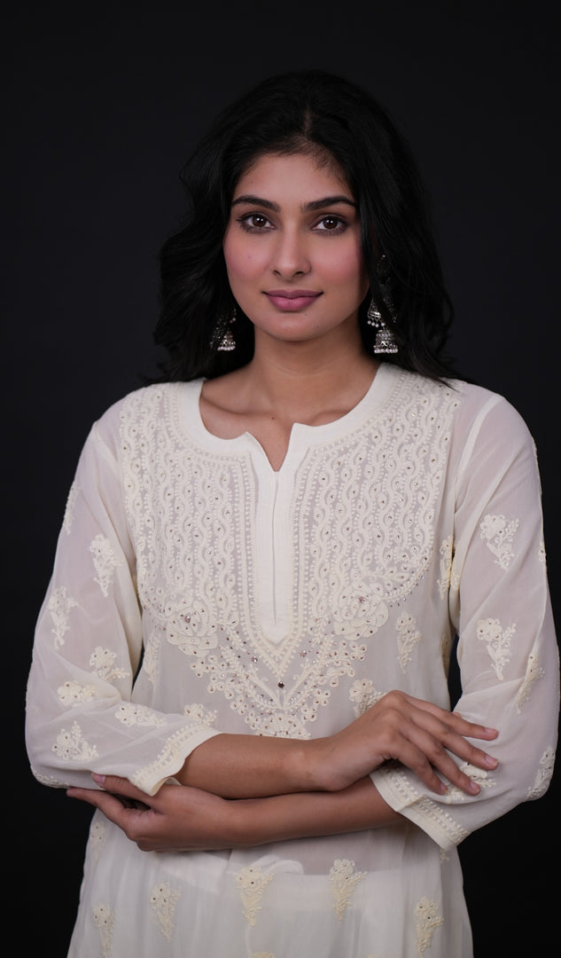 Women's Lakhnavi Handcrafted Viscose Georgette Chikankari Kurti - HONC091901