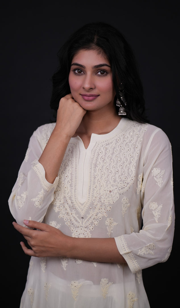 Women's Lakhnavi Handcrafted Viscose Georgette Chikankari Kurti - HONC091901