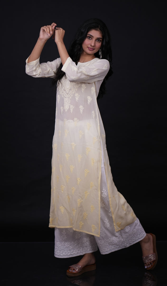 Women's Lakhnavi Handcrafted Viscose Georgette Chikankari Kurti - HONC091901