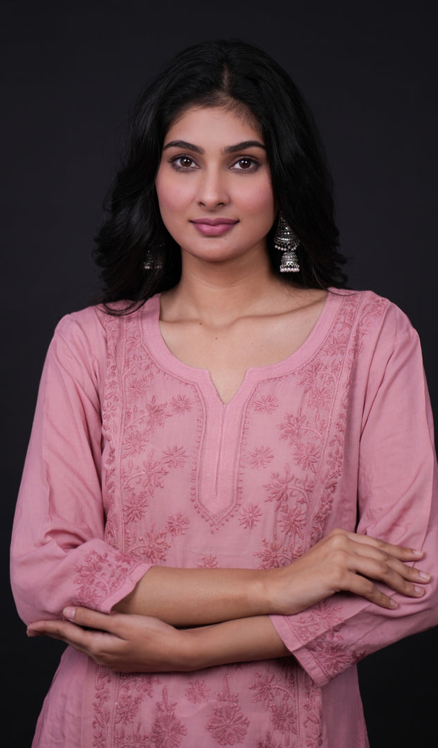 勒克瑙手工制作的平纹细布 Chikankari Kurti - HONC0133820