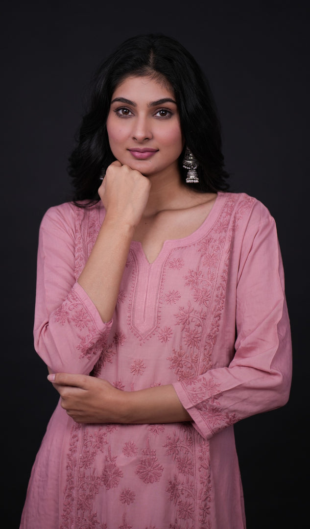 勒克瑙手工制作的平纹细布 Chikankari Kurti - HONC0133820