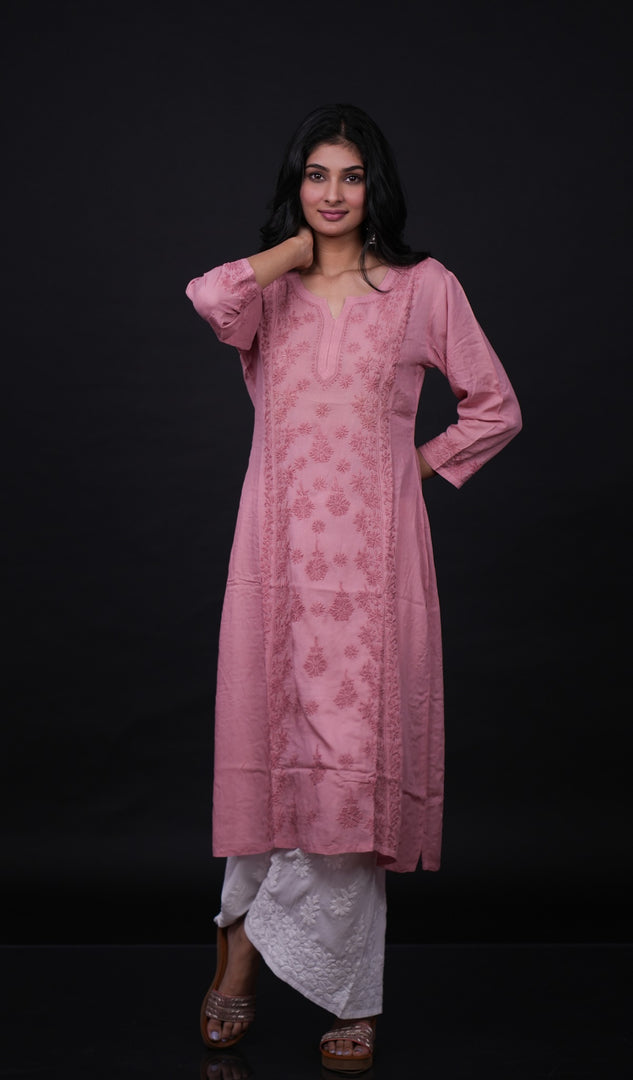 勒克瑙手工制作的平纹细布 Chikankari Kurti - HONC0133820