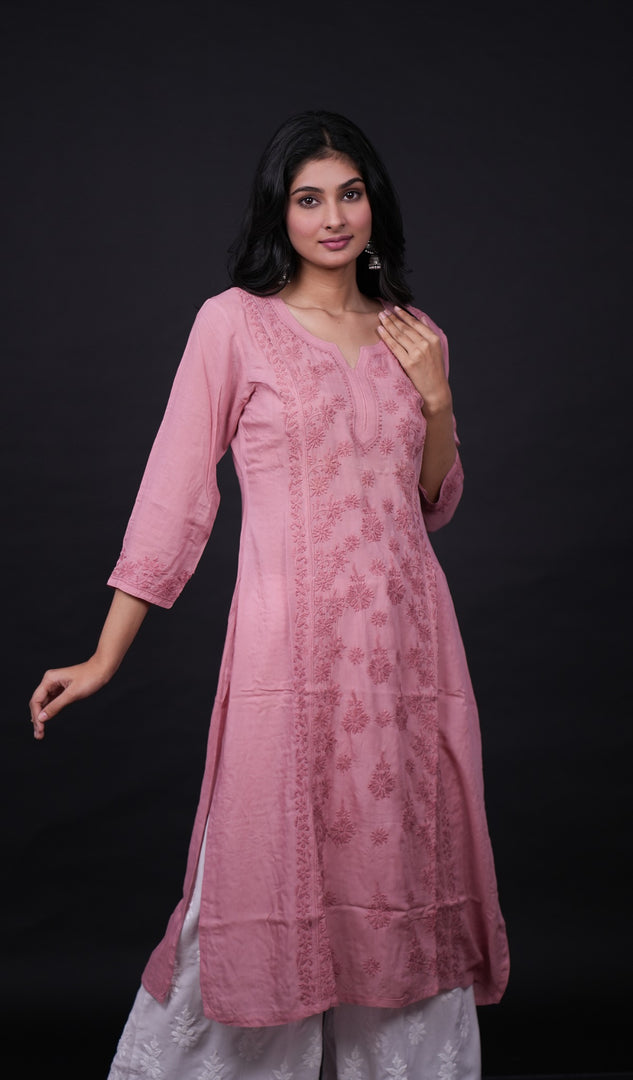 勒克瑙手工制作的平纹细布 Chikankari Kurti - HONC0133820