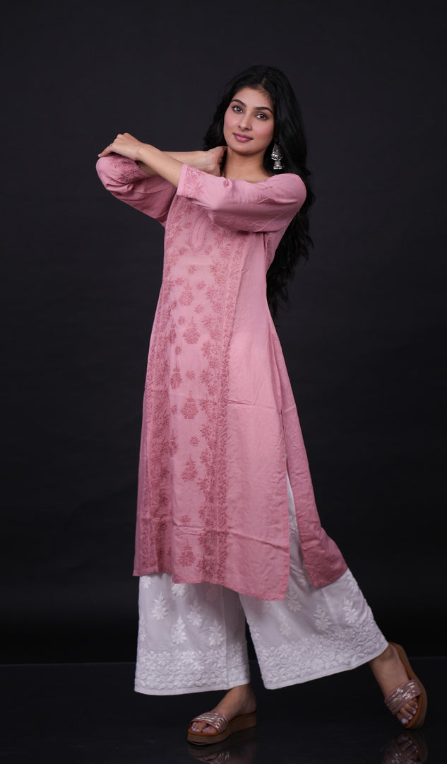 勒克瑙手工制作的平纹细布 Chikankari Kurti - HONC0133820