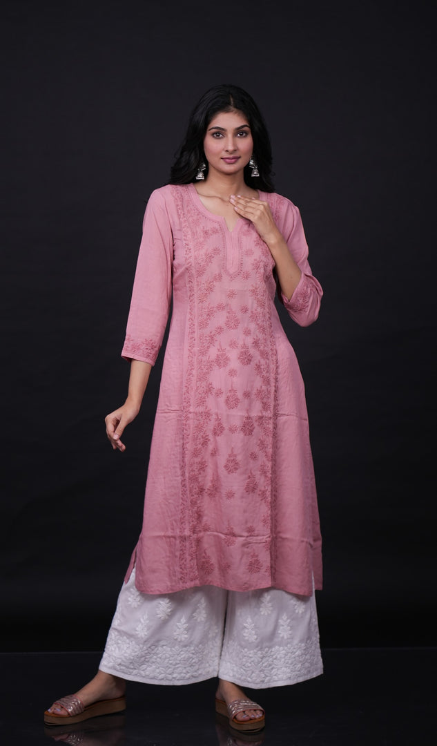 勒克瑙手工制作的平纹细布 Chikankari Kurti - HONC0133820