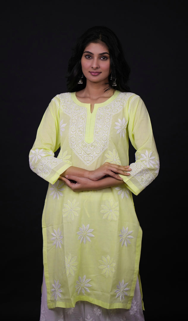 Yellow Women's Lucknowi Handcrafted Cotton Chikankari Kurti