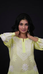 Load image into Gallery viewer, Yellow Women's Lucknowi Handcrafted Cotton Chikankari Kurti