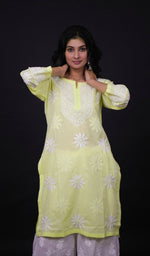 Load image into Gallery viewer, Yellow Women's Lucknowi Handcrafted Cotton Chikankari Kurti