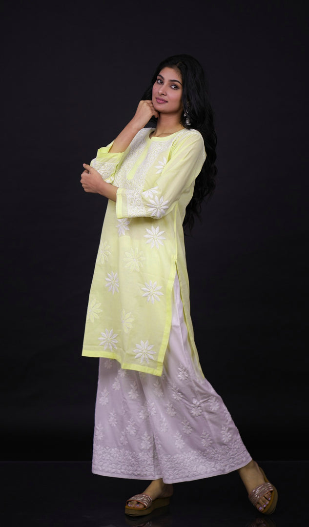 Yellow Women's Lucknowi Handcrafted Cotton Chikankari Kurti