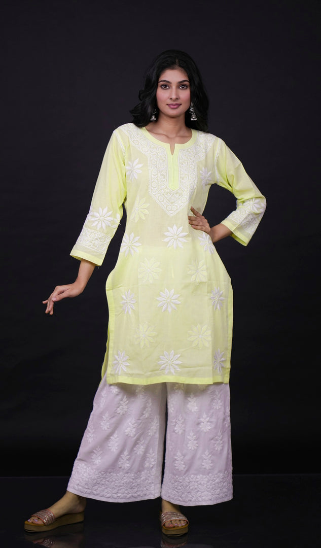 Yellow Women's Lucknowi Handcrafted Cotton Chikankari Kurti