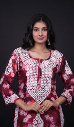 Load image into Gallery viewer, Women's Lucknowi Handcrafted Cotton Chikankari Red Kurti