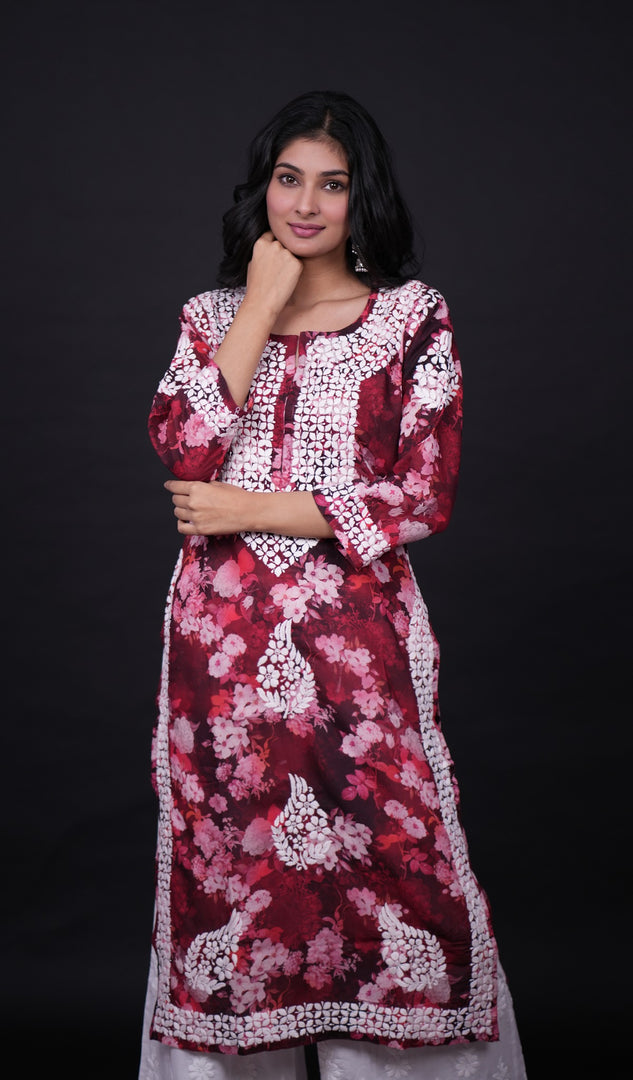 Women's Lucknowi Handcrafted Cotton Chikankari Red Kurti