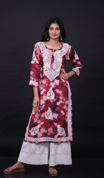Load image into Gallery viewer, Women's Lucknowi Handcrafted Cotton Chikankari Red Kurti