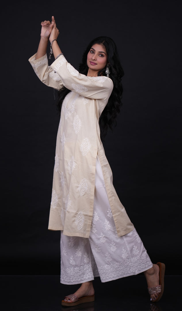 لکھنوی ہاتھ سے تیار کردہ ململ کپاس چکنکاری قرتی- HONC0133711