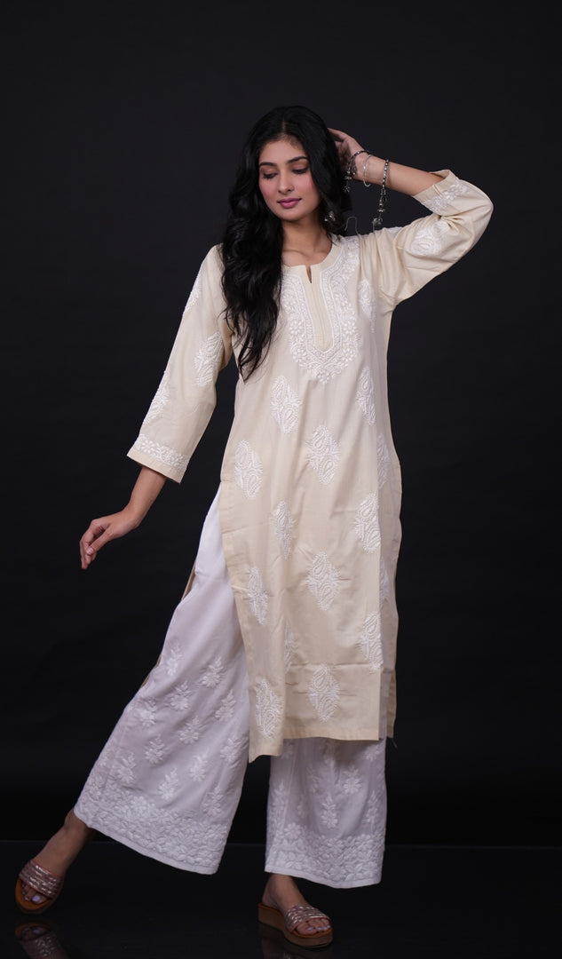 لکھنوی ہاتھ سے تیار کردہ ململ کپاس چکنکاری قرتی- HONC0133711