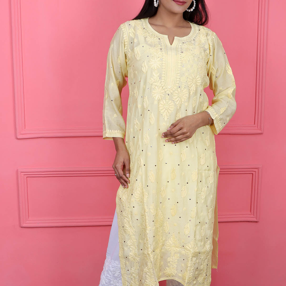 Women's Lucknowi Handcrafted Muslin Chikankari Kurti - HONC0292647