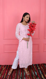 Load image into Gallery viewer, Women&#39;s Lucknowi Handcrafted Muslin Chikankari Kurti - HONC0174111
