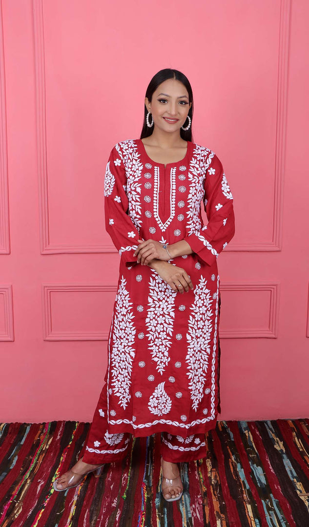 Safina Women's Lakhnavi Handcrafted Modal Cotton Chikankari Kurta And Palazzo Set - HONC0170463