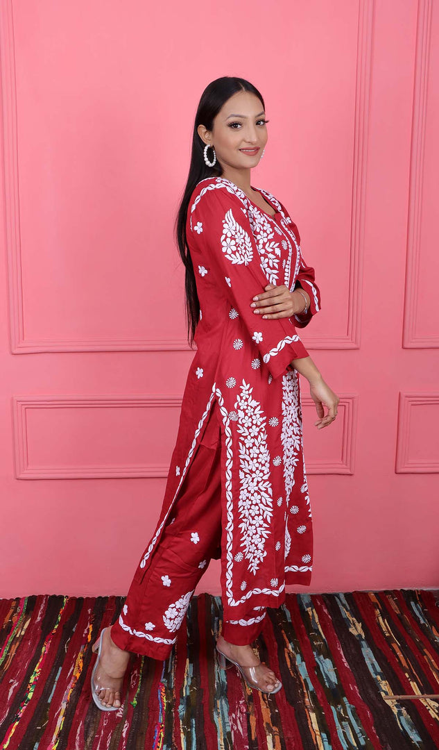 Safina Women's Lakhnavi Handcrafted Modal Cotton Chikankari Kurta And Palazzo Set - HONC0170463