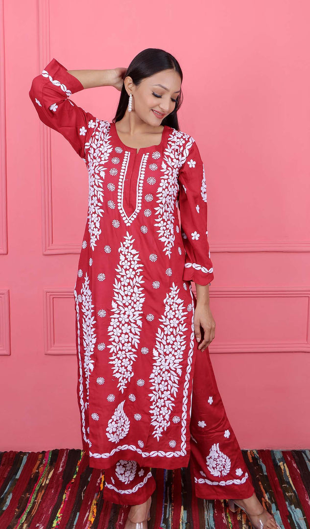 Safina Women's Lakhnavi Handcrafted Modal Cotton Chikankari Kurta And Palazzo Set - HONC0170463