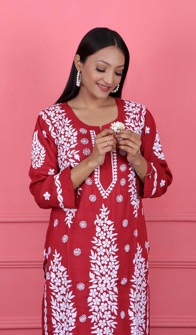 Safina Women's Lakhnavi Handcrafted Modal Cotton Chikankari Kurta And Palazzo Set - HONC0170463