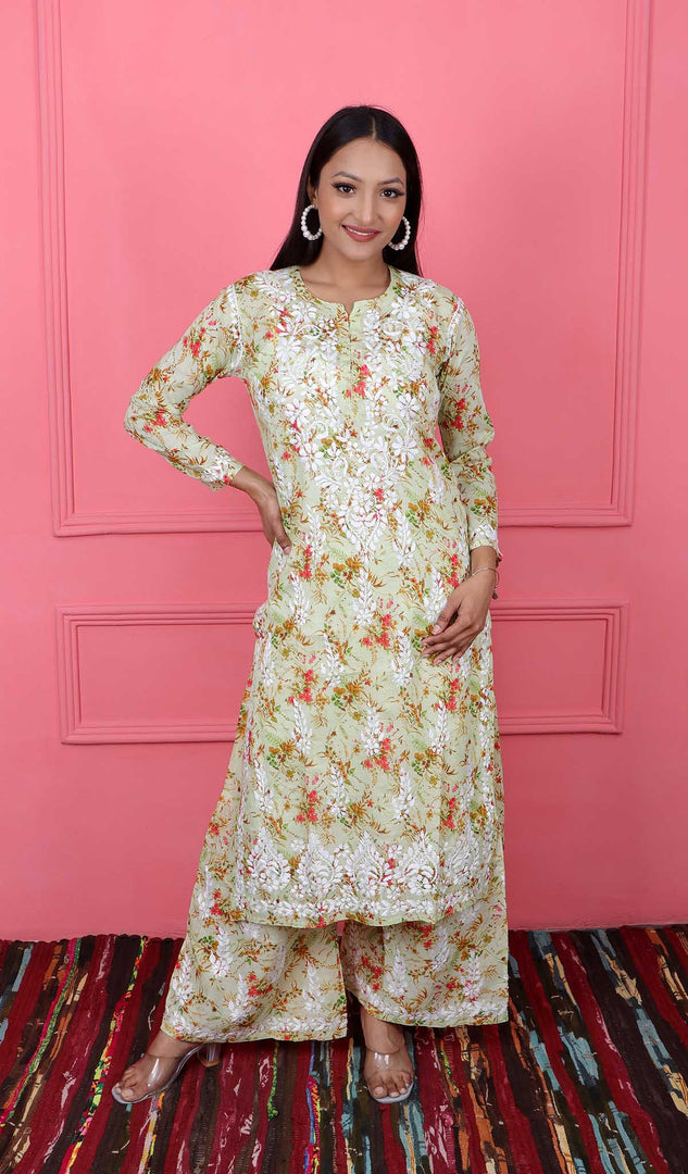 Women's Lakhnavi Handcrafted Cotton Chikankari Kurta And Palazzo Set - HONC0160905