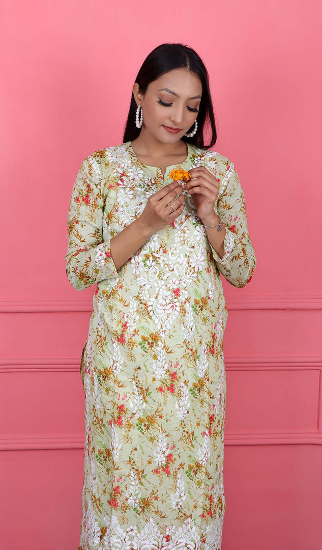 Women's Lakhnavi Handcrafted Cotton Chikankari Kurta And Palazzo Set - HONC0160905