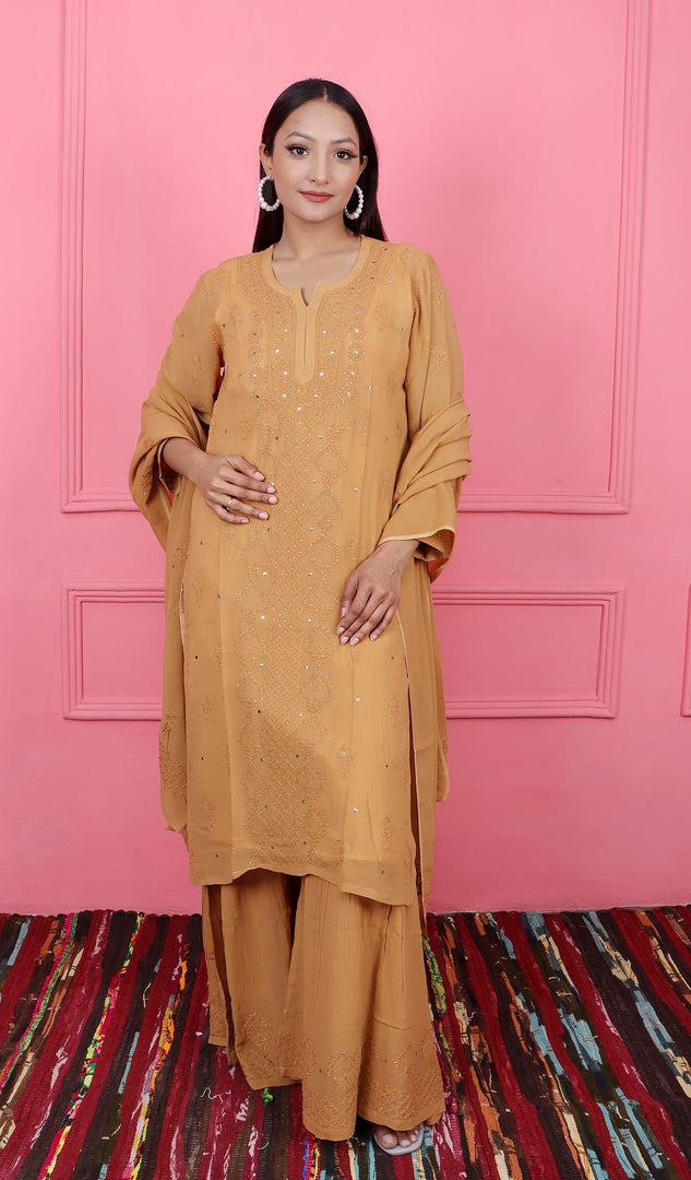 Shamya Women's Lucknowi Handcrafted Viscose Georgette Chikankari Kurta Palazzo With Dupatta Set - HONC0155078