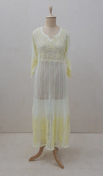 Load image into Gallery viewer, Humaira Women's Lakhanvi Handcrafted Light Yellow Faux-Georgette Chikankari Angrakha - NC046546