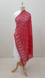 Load image into Gallery viewer, Women&#39;s Lucknowi Handcrafted Red Faux-Georgette Chikankari Dupatta - NC046415
