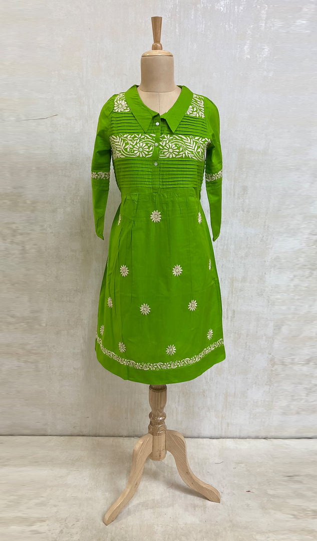 Women's Lucknowi Handcrafted Green Cotton Chikankari Top - NC050076