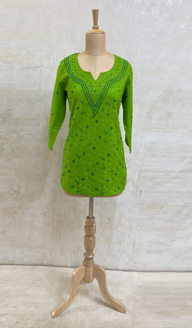 Women's Lakhnavi Handcrafted Green Cotton Chikankari Top - NC050093